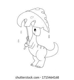 Cute cartoon dinosaur hiding from rain under leaf. White and black vector illustration for coloring book. Decor element for kids products.