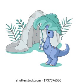 Cute cartoon dinosaur hiding from rain under leaf near a cave. Gentle turquoise and blue pastel colors. Vector illustration. Isolated object on white background. Decor element for kids products.