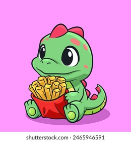 Cute Cartoon Dinosaur Holding a French fries - Fun and Adorable Digital Art Illustration