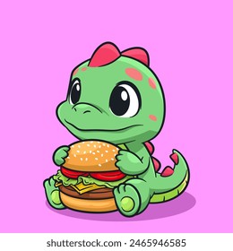 Cute Cartoon Dinosaur Holding a Hamburger - Fun and Adorable Digital Art Illustration