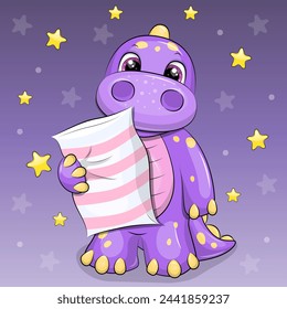 Cute cartoon dinosaur is holding a pillow. Night vector illustration of animal  on dark background with stars.