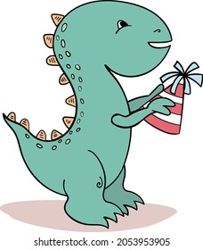 Cute Cartoon Dinosaur holds festival hat, Baby Dino in illustration style
