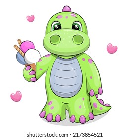 Cute cartoon dinosaur and ice cream  Vector illustration an animal white background 