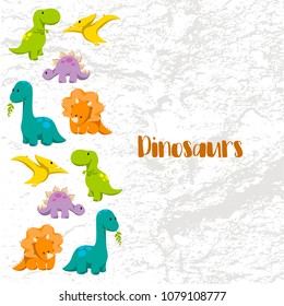 Cute cartoon dinosaur icon set - tyrannosaurus, triceratops, pterodactylus, stegosaurus, diplodocus and monstera leafs. For logo, poster, banner. For historic event, dino party invitation