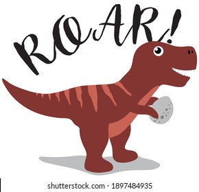 Cute cartoon dinosaur illustration print with roar slogan for kids and baby tee - t shirt amd sticker