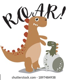 Cute cartoon dinosaur illustration print with roar slogan for kids and baby tee - t shirt amd sticker