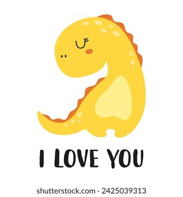 cute cartoon dinosaur with inscription I love you, greeting card for Valentines day, flat vector illustration