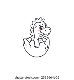 Cute cartoon dinosaur isolated on white. Dino doodle character in doodle style for children. Dinosaur hatched from egg. Funny Kids coloring page. Vector illustration

