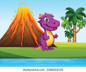 Cute Cartoon dinosaur in the jungle. vector illustration for kids and adult