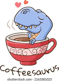 Cute cartoon dinosaur laying in the cup of coffee