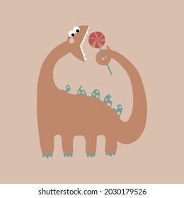Cute cartoon dinosaur with lollipop. Original design for boys and girls. Vector illustration. Background is ideal for children's clothing, textiles, T-shirts.