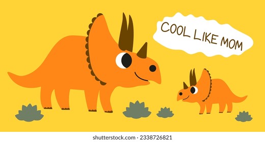 Cute cartoon Dinosaur mom and baby Dinosaur Triceratops - children doodle print, vector illustration. Happy Mothers Day card design for fashion graphics, t shirt prints, posters, stickers