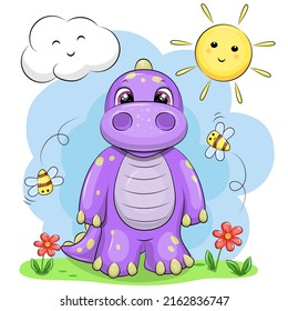 Cute cartoon dinosaur in nature. Vector illustration of an animal with flowers, bees, sun and cloud.