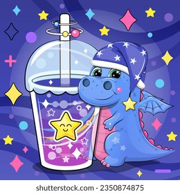 A cute cartoon dinosaur in a nightcap is holding a big drink. Night vector illustration of an animal on a dark blue background with stars.