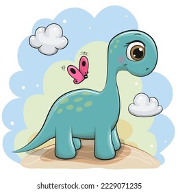 Cute cartoon dinosaur on a blue background