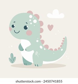 Cute cartoon dinosaur on a colored background. Vector illustration. Cute children's background.