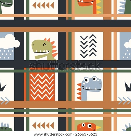 Cute cartoon dinosaur on frame seamless pattern. Vector illustration background for textile, clothing, kids fabric or nursery decor, wrapping paper, mug, stationery, cover and more