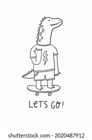 Cute cartoon Dinosaur on skateboard - vector coloring page