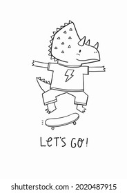 Cute cartoon Dinosaur on skateboard - vector coloring page