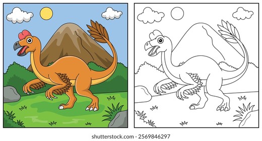 cute cartoon dinosaur Oviraptor, funny illustration, coloring book for kids and children.