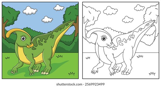 cute cartoon dinosaur Parasaurolophus, funny illustration, coloring book for kids and children.