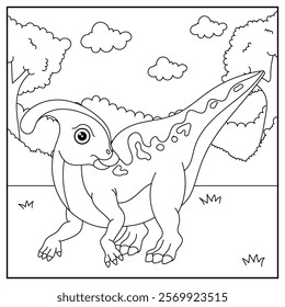 cute cartoon dinosaur Parasaurolophus, funny illustration, coloring book for kids and children.