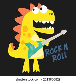 cute cartoon dinosaur playing guitar  vector illustration