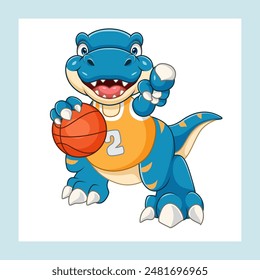 cute cartoon dinosaur playing pointing while holding a basketball