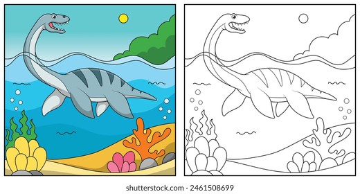 Lindo dinosaurio de dibujos animados Plesiosaurus, ilustración divertida, libro para colorear para niños y niños.