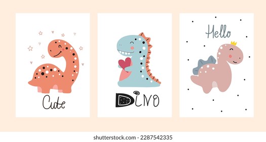 Cute cartoon dinosaur posters. Boho vector print for wall decor in children's bedroom. Cute characters and hand drawn lettering quote. 