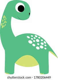 Cute cartoon dinosaur. Prehistoric motif for children. Green prehistoric animal with a long neck.