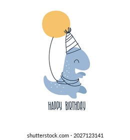 Cute cartoon dinosaur. Print for baby posters, cards, clothes. Vector cartoon illustration. Velociraptor. Tyrannosaurus. Greeting card