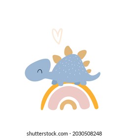 Cute cartoon dinosaur. Print for baby posters, cards, clothes. Vector cartoon illustration. Stegosaurus. Greeting card. Cute dino on a cloud