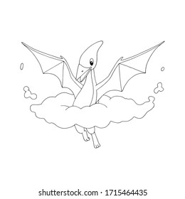 Cute cartoon dinosaur (pterodactyl) flying through clouds. White and black vector illustration for coloring book. Decor element for kids products.