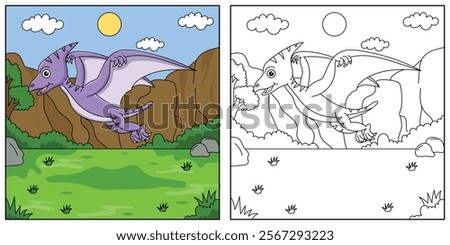 cute cartoon dinosaur Pterodactyl, funny illustration, coloring book for kids and children.