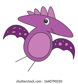 Cute cartoon dinosaur pterodactyl. Purple dinosaur isolated on a white background. Vector illustration.
