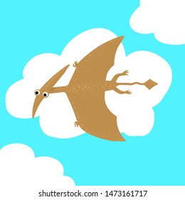 Cute, cartoon dinosaur pterosaur on the background of bushes of tropical palm leaves. Vector illustration