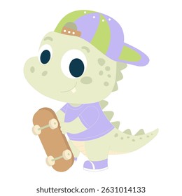 Cute cartoon dinosaur in purple cap and t-shirt holding skateboard on white background. Perfect for kids or playful designs.