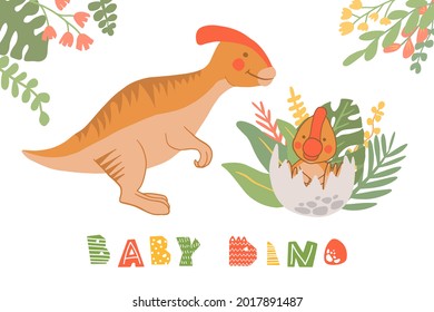 Cute cartoon dinosaur with quote baby dino. Flat childish dino with lettering. Perfect for greeting card, sublimation printing on t shirt, mug, poster