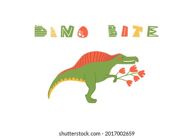 Cute cartoon dinosaur with quote Dino Bite. Flat childish dino with lettering. Perfect for greeting card, sublimation printing on t shirt, mug, poster