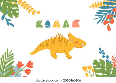 Cute cartoon dinosaur with quote Roaar. Flat childish dino with lettering. Perfect for greeting card, sublimation printing on t shirt, mug, poster