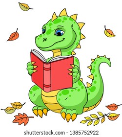 Cute cartoon dinosaur reading a book with red cover with falling leaves around. Isolated vector illustration on white background