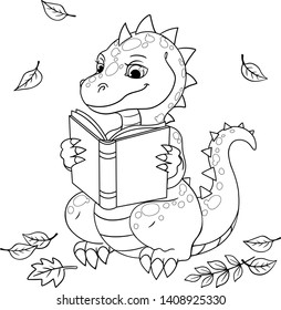  Cute cartoon dinosaur reading a book with falling leaves around. Black outline for coloring