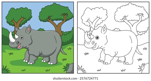 cute cartoon dinosaur Rhinocerus, funny illustration, coloring book for kids and children.