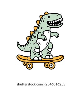 Cute cartoon dinosaur riding a skateboard, cartoon illustration