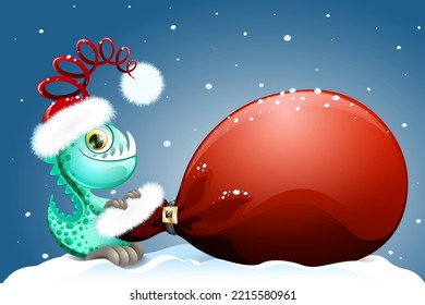 Cute cartoon dinosaur in Santa's hat with big Santa's bag on the snowy night background