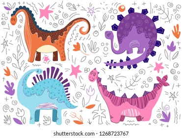 Cute cartoon dinosaur in scandinavian style, set on white background, vector illustration for children, nursery poster, print for clothes, greeting card