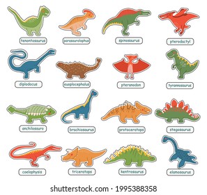 Cute cartoon dinosaur set. Flat Illustrations prehistoric lizard for kids. Childish poster with Jurassic reptiles. Hand drawn characters dino isolated on white background.Vector Dinosaur era wildlife