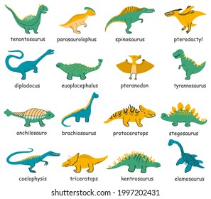 Cute cartoon dinosaur set. Flat Illustrations prehistoric lizard for kids. Childish poster with Jurassic reptiles. Hand drawn characters dino isolated on white background.Vector Dinosaur era wildlife