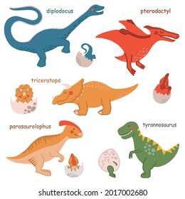 Cute cartoon dinosaur set. Flat Illustrations prehistoric lizard for kids. Childish poster with Jurassic reptiles. Hand drawn characters dino isolated on white background